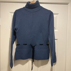 Too Hot Womens Turtleneck Sweater Large Blue Acrylic Ribbon Tie Bell Sleeve
